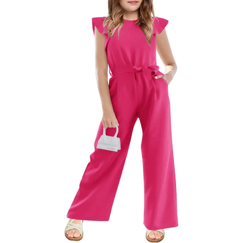 imageHaloumoning Girls Jumpsuit Kids Fashion Cap Sleeve Belted Wide Leg Romper One Piece Summer OutfitsHot Pink