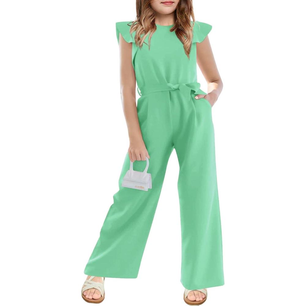 imageHaloumoning Girls Jumpsuit Kids Fashion Cap Sleeve Belted Wide Leg Romper One Piece Summer OutfitsLight Green