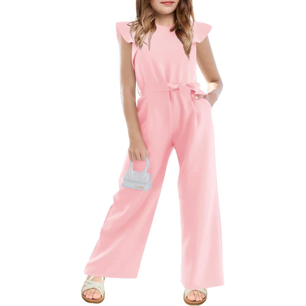 imageHaloumoning Girls Jumpsuit Kids Fashion Cap Sleeve Belted Wide Leg Romper One Piece Summer OutfitsPink