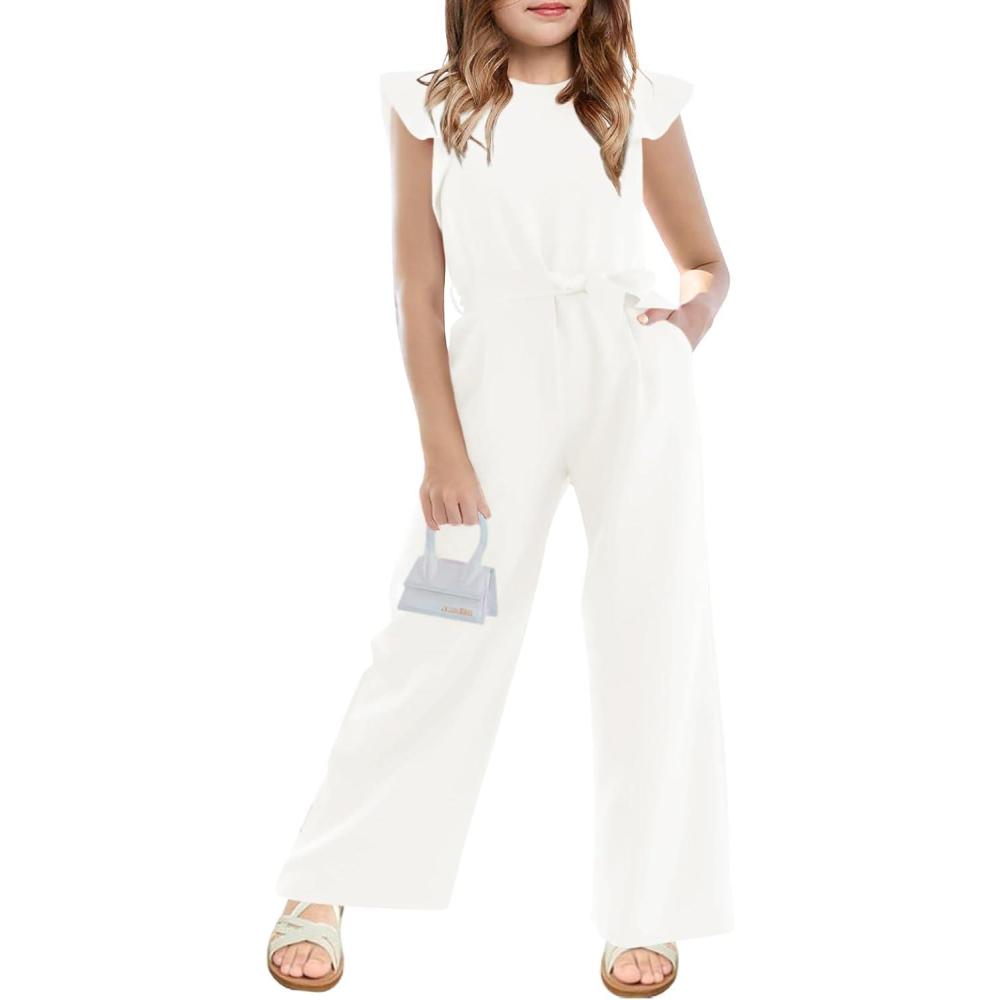 imageHaloumoning Girls Jumpsuit Kids Fashion Cap Sleeve Belted Wide Leg Romper One Piece Summer OutfitsWhite