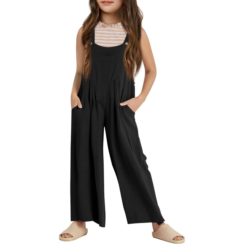 imageHaloumoning Girls Overalls Kids Casual Sleeveless Wide Leg Jumpsuit Loose Rompers with Pockets 514 YearsBlack