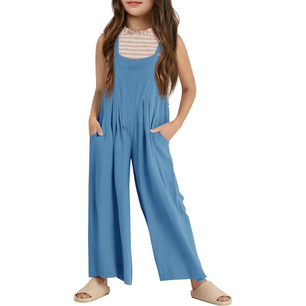 imageHaloumoning Girls Overalls Kids Casual Sleeveless Wide Leg Jumpsuit Loose Rompers with Pockets 514 YearsBlue
