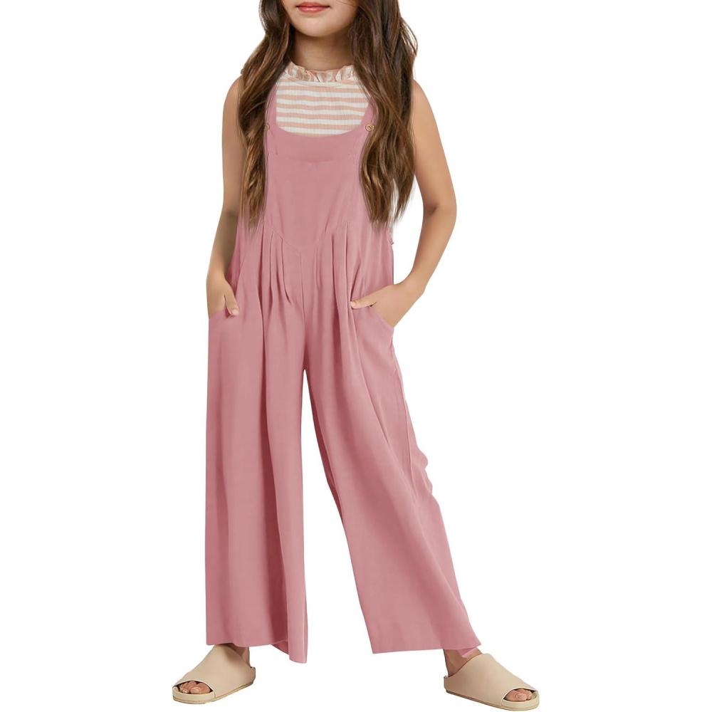 imageHaloumoning Girls Overalls Kids Casual Sleeveless Wide Leg Jumpsuit Loose Rompers with Pockets 514 YearsDark Pink