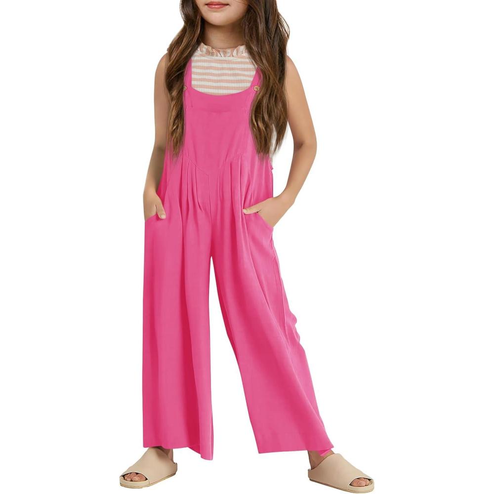 imageHaloumoning Girls Overalls Kids Casual Sleeveless Wide Leg Jumpsuit Loose Rompers with Pockets 514 YearsHot Pink