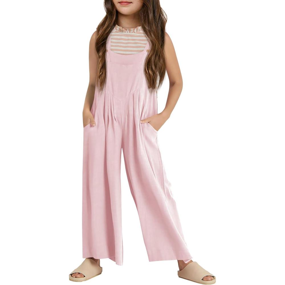 imageHaloumoning Girls Overalls Kids Casual Sleeveless Wide Leg Jumpsuit Loose Rompers with Pockets 514 YearsPink