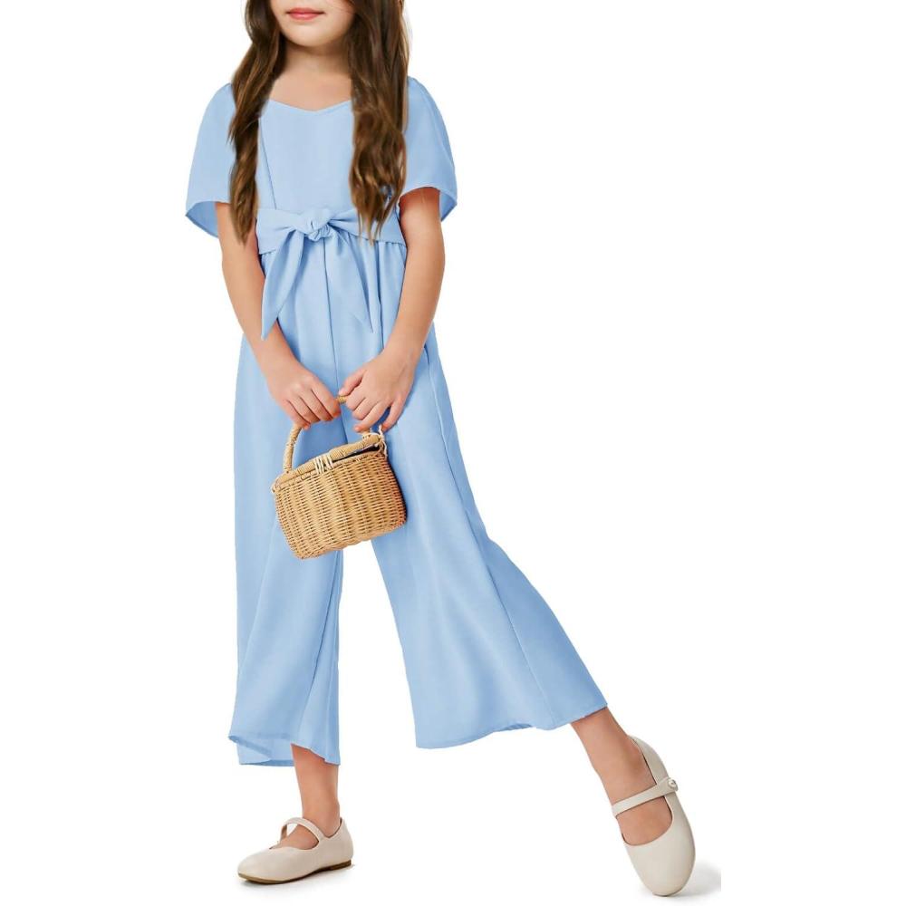 imageHaloumoning Girls Romper Kids Fashion Square Neck Short Sleeve Wide Leg Pants Jumpsuit with Pockets 714 Years