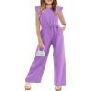 Haloumoning Girls Jumpsuit Kids Fashion Cap Sleeve Belted Wide Leg Romper One Piece Summer Outfits(Purple)
