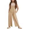 Haloumoning Girls Overalls Kids Casual Sleeveless Wide Leg Jumpsuit Loose Rompers with Pockets 5-14 Years(Tan)