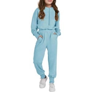 Haloumoning Girls Casual Jumpsuits Long Sleeve Hoodie Rompers Long Onesie with Pockets 4-14 T(Blue)