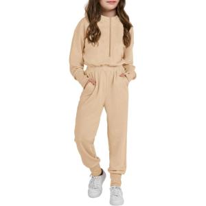 Haloumoning Girls Casual Jumpsuits Long Sleeve Hoodie Rompers Long Onesie with Pockets 4-14 T(Khaki)