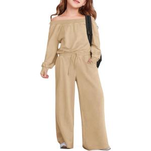 Haloumoning Girls Casual Jumpsuits Long Sleeve Off the Shoulder Wide Leg Loose Rompers with Pockets 5-14 Years(Khaki)