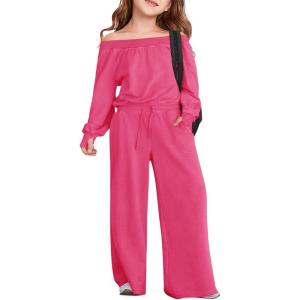 Haloumoning Girls Casual Jumpsuits Long Sleeve Off the Shoulder Wide Leg Loose Rompers with Pockets 5-14 Years(Rose Red)