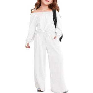 Haloumoning Girls Casual Jumpsuits Long Sleeve Off the Shoulder Wide Leg Loose Rompers with Pockets 5-14 Years(White)