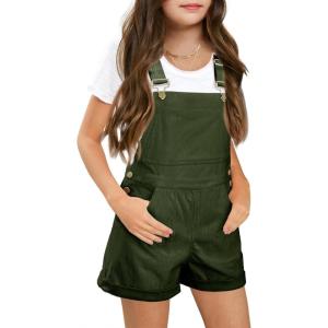 Haloumoning Girls Corduroy Overall Shorts Kids Cute Romper Shortalls with Pockets 5-14 Years(Army Green)