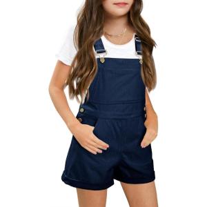 Haloumoning Girls Corduroy Overall Shorts Kids Cute Romper Shortalls with Pockets 5-14 Years(Navy Blue)