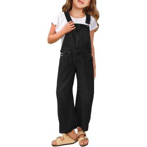 Haloumoning Girls Denim Overalls Kids Sleeveless Wide Leg Jumpsuit Bib Overall with Pockets 4-14 Years(Black)