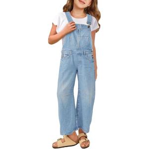 Haloumoning Girls Denim Overalls Kids Sleeveless Wide Leg Jumpsuit Bib Overall with Pockets 4-14 Years(Light Blue)