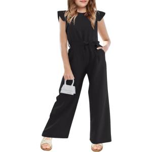 Haloumoning Girls Jumpsuit Kids Fashion Cap Sleeve Belted Wide Leg Romper One Piece Summer Outfits(Black)
