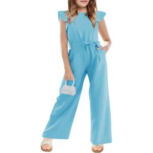 Haloumoning Girls Jumpsuit Kids Fashion Cap Sleeve Belted Wide Leg Romper One Piece Summer Outfits(Blue)