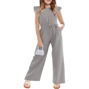 Haloumoning Girls Jumpsuit Kids Fashion Cap Sleeve Belted Wide Leg Romper One Piece Summer Outfits(Grey)