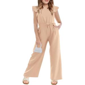 Haloumoning Girls Jumpsuit Kids Fashion Cap Sleeve Belted Wide Leg Romper One Piece Summer Outfits(Khaki)