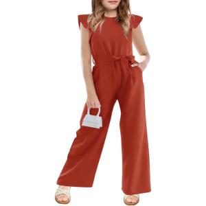 Haloumoning Girls Jumpsuit Kids Fashion Cap Sleeve Belted Wide Leg Romper One Piece Summer Outfits(Orange Red)