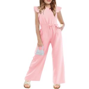 Haloumoning Girls Jumpsuit Kids Fashion Cap Sleeve Belted Wide Leg Romper One Piece Summer Outfits(Pink)