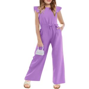 Haloumoning Girls Jumpsuit Kids Fashion Cap Sleeve Belted Wide Leg Romper One Piece Summer Outfits(Purple)