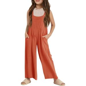 Haloumoning Girls Overalls Kids Casual Sleeveless Wide Leg Jumpsuit Loose Rompers with Pockets 5-14 Years(Brick Red)