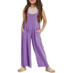 Haloumoning Girls Overalls Kids Casual Sleeveless Wide Leg Jumpsuit Loose Rompers with Pockets 5-14 Years(Dark Purple)