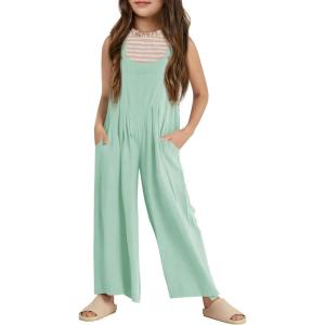 Haloumoning Girls Overalls Kids Casual Sleeveless Wide Leg Jumpsuit Loose Rompers with Pockets 5-14 Years(Green)
