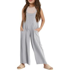 Haloumoning Girls Overalls Kids Casual Sleeveless Wide Leg Jumpsuit Loose Rompers with Pockets 5-14 Years(Grey)