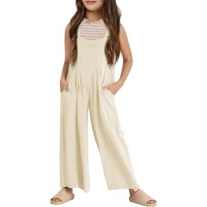Haloumoning Girls Overalls Kids Casual Sleeveless Wide Leg Jumpsuit Loose Rompers with Pockets 5-14 Years(Khaki)