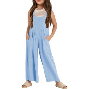 Haloumoning Girls Overalls Kids Casual Sleeveless Wide Leg Jumpsuit Loose Rompers with Pockets 5-14 Years(Light Blue)