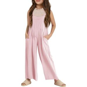 Haloumoning Girls Overalls Kids Casual Sleeveless Wide Leg Jumpsuit Loose Rompers with Pockets 5-14 Years(Pink)