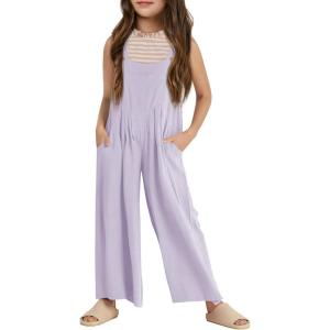 Haloumoning Girls Overalls Kids Casual Sleeveless Wide Leg Jumpsuit Loose Rompers with Pockets 5-14 Years(Purple)