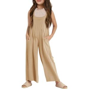 Haloumoning Girls Overalls Kids Casual Sleeveless Wide Leg Jumpsuit Loose Rompers with Pockets 5-14 Years(Tan)