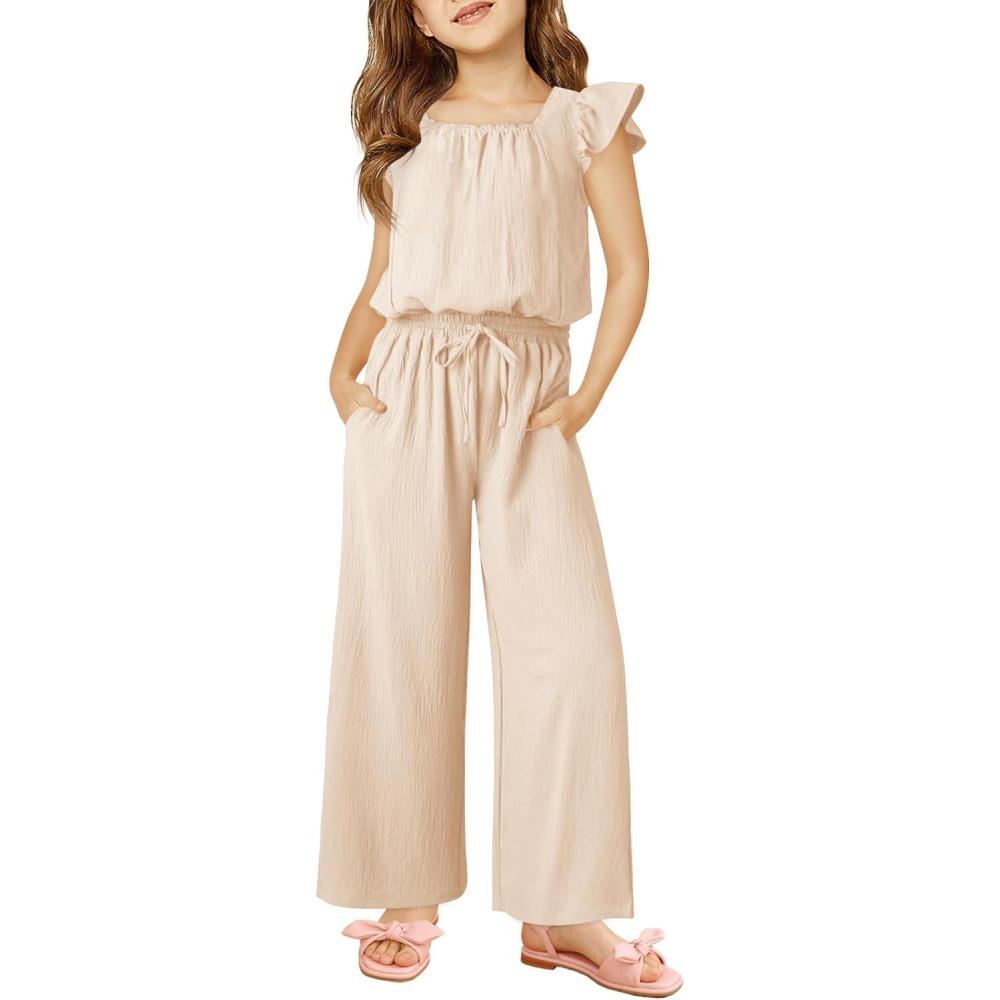 image:imageHaloumoning Girls Jumpsuits Kids Fashion Ruffle Sleeves Square Neck Rompers Drawstring Overalls with PocketsApricot