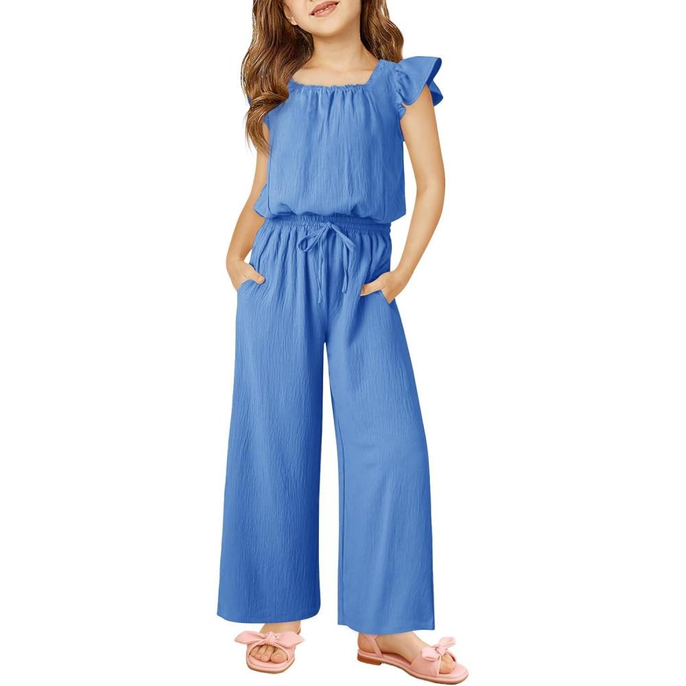 image:imageHaloumoning Girls Jumpsuits Kids Fashion Ruffle Sleeves Square Neck Rompers Drawstring Overalls with PocketsBlue Grey