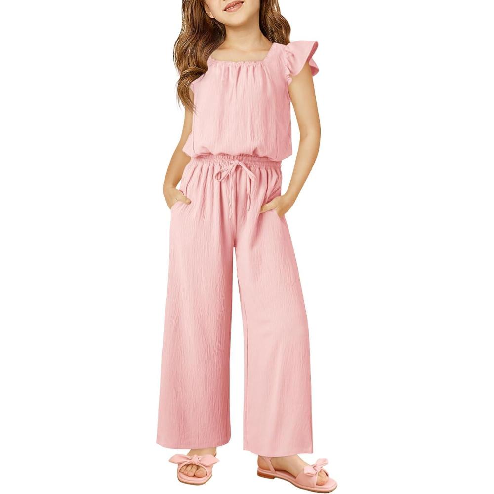 image:imageHaloumoning Girls Jumpsuits Kids Fashion Ruffle Sleeves Square Neck Rompers Drawstring Overalls with PocketsLight Pink