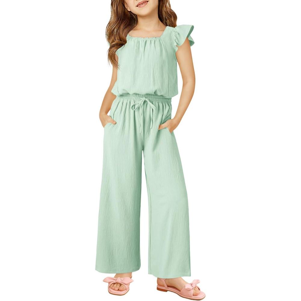 image:imageHaloumoning Girls Jumpsuits Kids Fashion Ruffle Sleeves Square Neck Rompers Drawstring Overalls with PocketsMint
