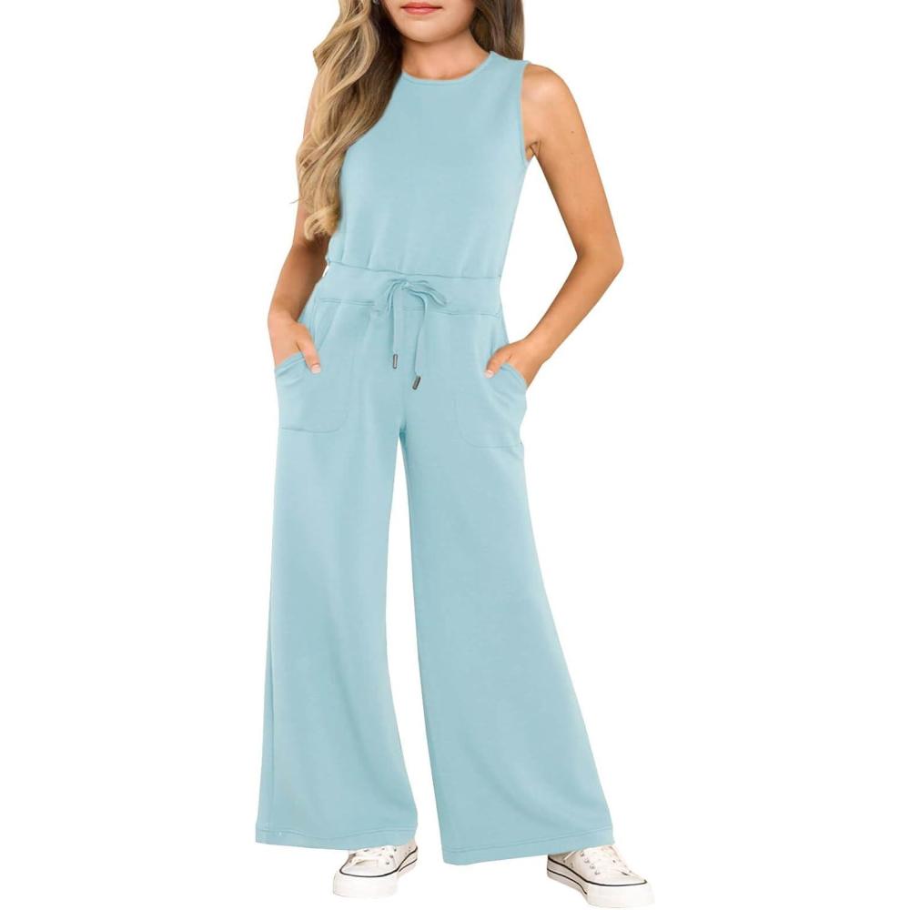 image:imageHaloumoning Girls Jumpsuits Sleeveless Round Neck Wide Leg One Piece Rompers Little Kid Big KidsLight Blue