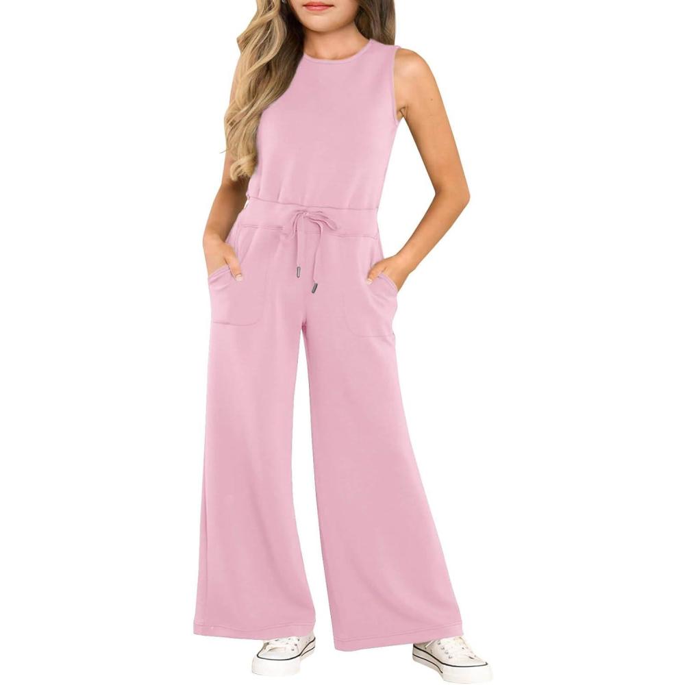 image:imageHaloumoning Girls Jumpsuits Sleeveless Round Neck Wide Leg One Piece Rompers Little Kid Big KidsPink