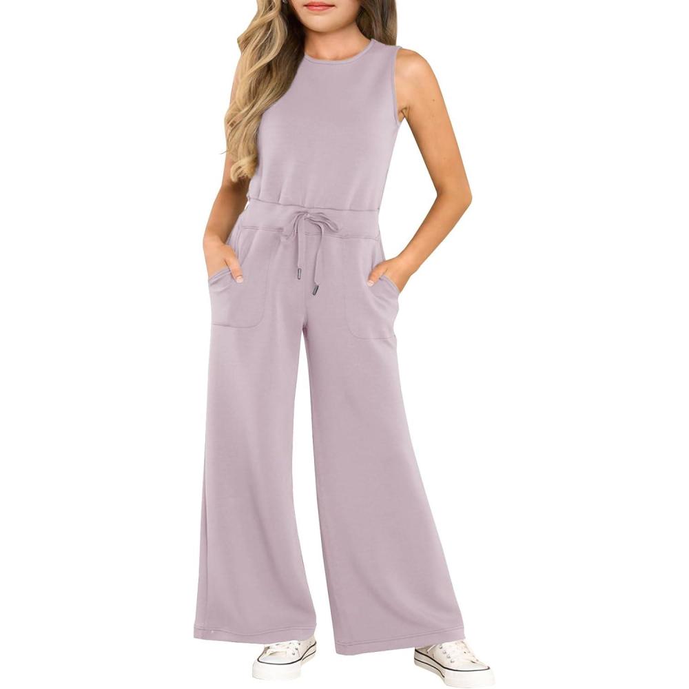 image:imageHaloumoning Girls Jumpsuits Sleeveless Round Neck Wide Leg One Piece Rompers Little Kid Big KidsPurple