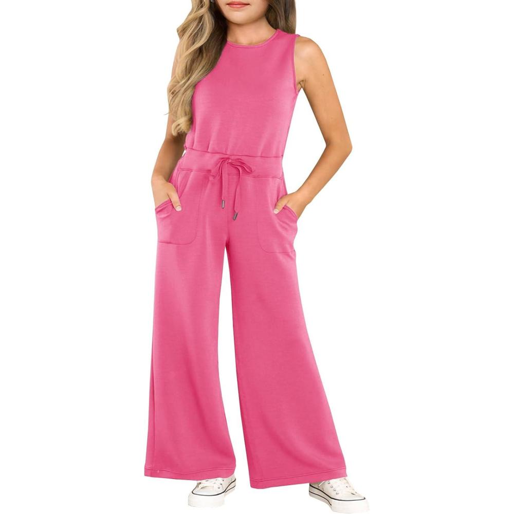 image:imageHaloumoning Girls Jumpsuits Sleeveless Round Neck Wide Leg One Piece Rompers Little Kid Big KidsRose Red