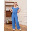 Haloumoning Girls Jumpsuits Kids Fashion Ruffle Sleeves Square Neck Rompers Drawstring Overalls with Pockets(Blue Grey)