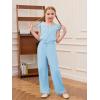 Haloumoning Girls Jumpsuits Kids Fashion Ruffle Sleeves Square Neck Rompers Drawstring Overalls with Pockets(Light Blue)