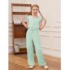 Haloumoning Girls Jumpsuits Kids Fashion Ruffle Sleeves Square Neck Rompers Drawstring Overalls with Pockets(Mint)