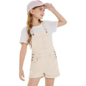 Haloumoning Girls Denim Overalls Kids Summer Sleeveless Rompers Overall Shorts 5-14 Years(Beige)