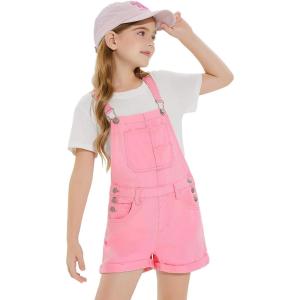 Haloumoning Girls Denim Overalls Kids Summer Sleeveless Rompers Overall Shorts 5-14 Years(Pink)